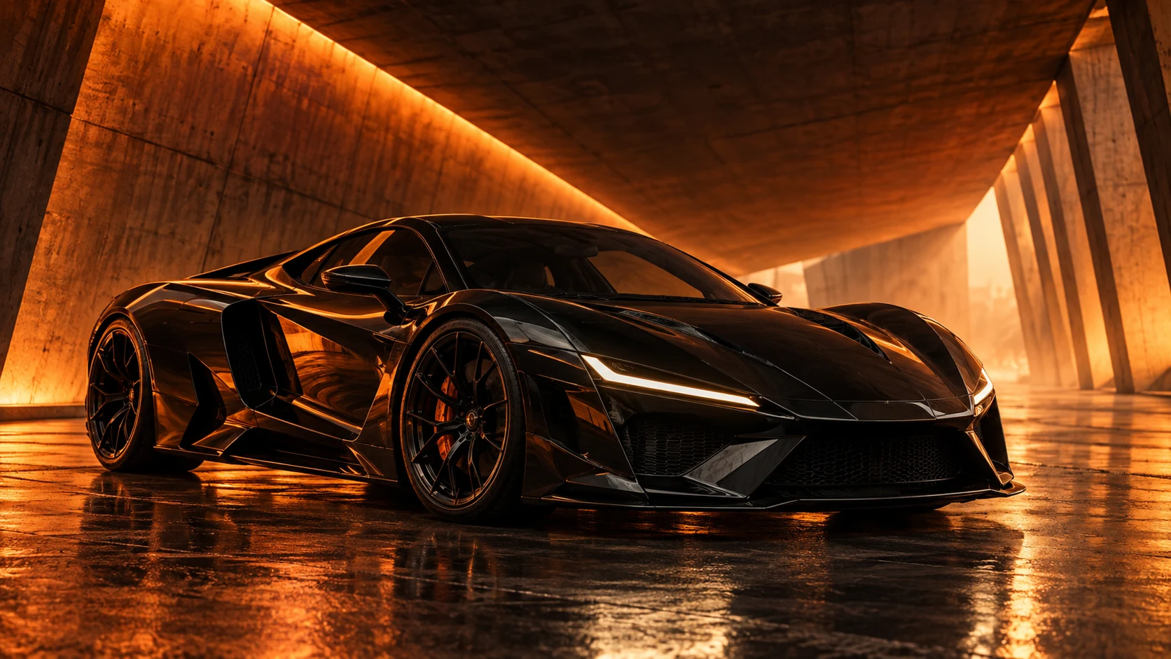 Športové auto v oranžovo osvetlenom tuneli — koncept VELOCITY